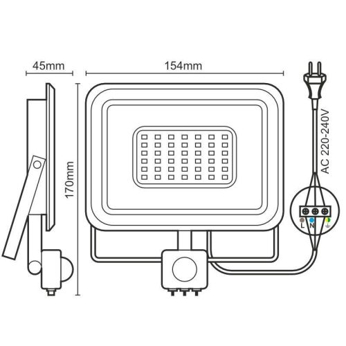 LED reflektor 30W 2400lm 4000K IP44 PIR mozgásérzékelővel - LF0023S