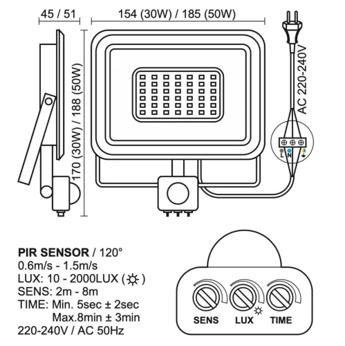 LED reflektor érzékelővel 50W, 4000 lm, 4000K semleges fehér, IP44, fekete, 185x188x51 mm - LF0024S
