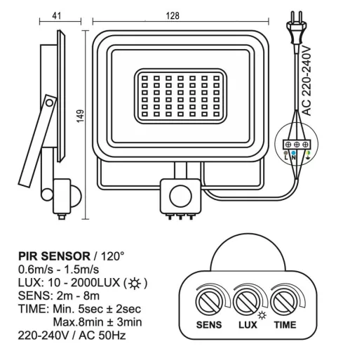 LED reflektor érzékelővel 20W, 1600 lm, 4000K semleges fehér, IP44, fehér, 128x149x41 mm - LF0122S