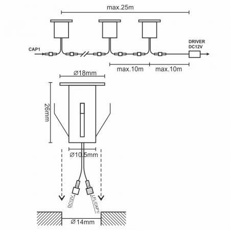 LED padlóvilágító 0,4W 12V DC, IP67, meleg fehér 2800K, Ø18x26mm - LFL110