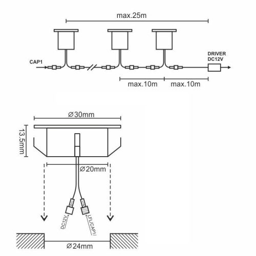 LED padlóvilágítás 0,6W DC12V, 6 lm, IP67, meleg fehér, fém, Ø30x13,5mm - LFL111