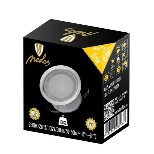 LED padlóvilágítás 0,4W DC12V, 40 lm, IP67, természetes fehér, fém, 30x30x26mm - LFL113