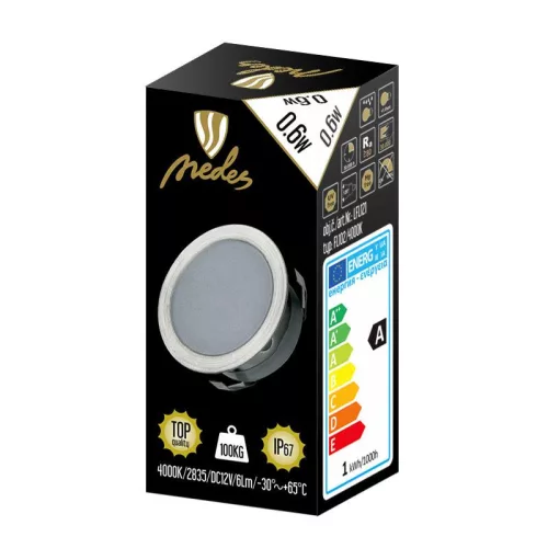 LED padlóvilágítás 0,6W DC12V, 6 lm, IP67, természetes fehér, fém, Ø30x13,5mm - LFL121