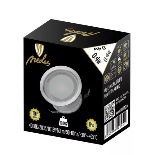 LED padlóvilágítás 0,4W DC12V, 59 lm, IP67, természetes fehér, fém, Ø39,5x20mm - LFL123
