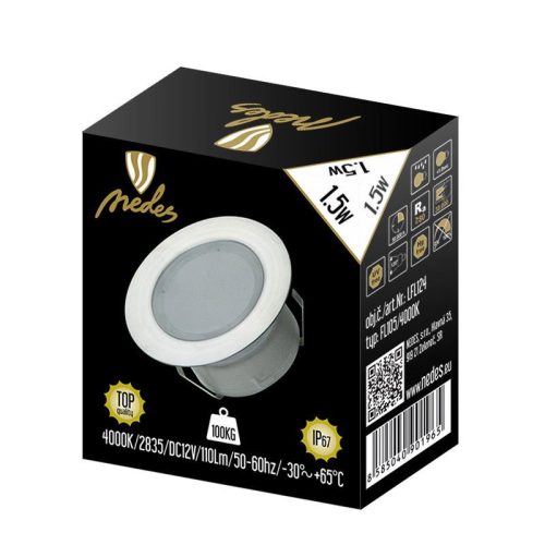 LED padlóvilágítás 1,5W DC12V, 110 lm, IP67, természetes fehér, fém, Ø60x26mm - LFL124