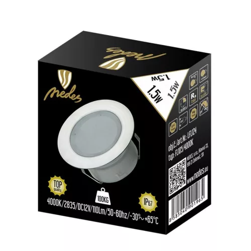 LED padlóvilágítás 1,5W DC12V, 110 lm, IP67, természetes fehér, fém, Ø60x26mm - LFL124