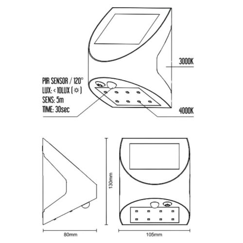LED Fali napelemes lámpa szürke 3W 300Lm 3000K–4000K IP54 LS225