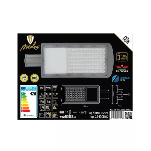 LED utcai lámpa 80W 5000K IP65 fémszürke 550x215x80mm - LSL523