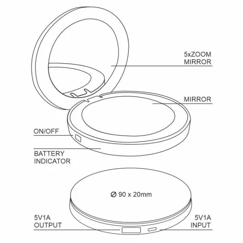 LED újratölthető tükör powerbank funkcióval, 1W, 90x20 mm, IP20 - ML01R